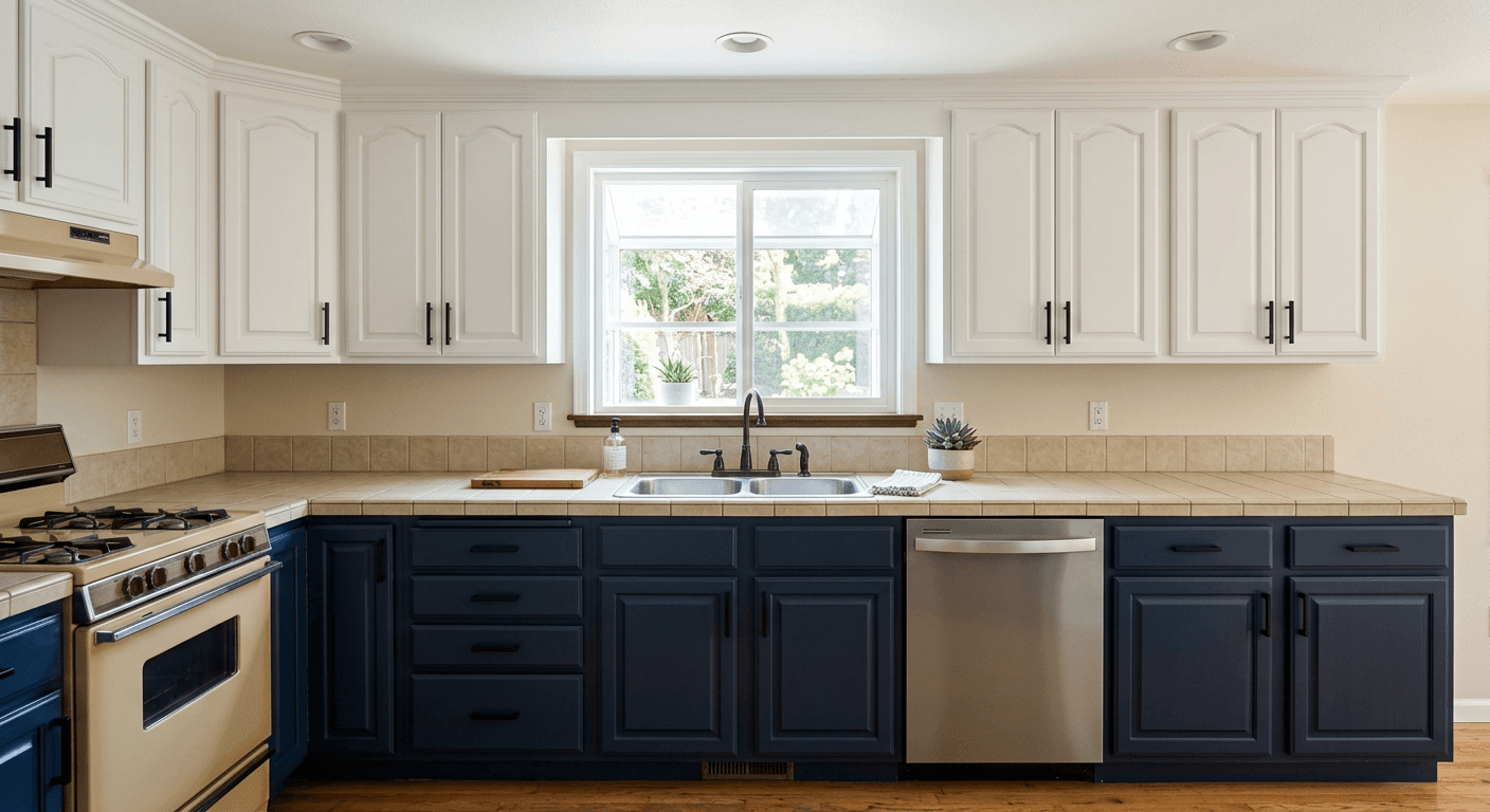 The same kitchen with navy lower cabinets and white uppers after refinishing