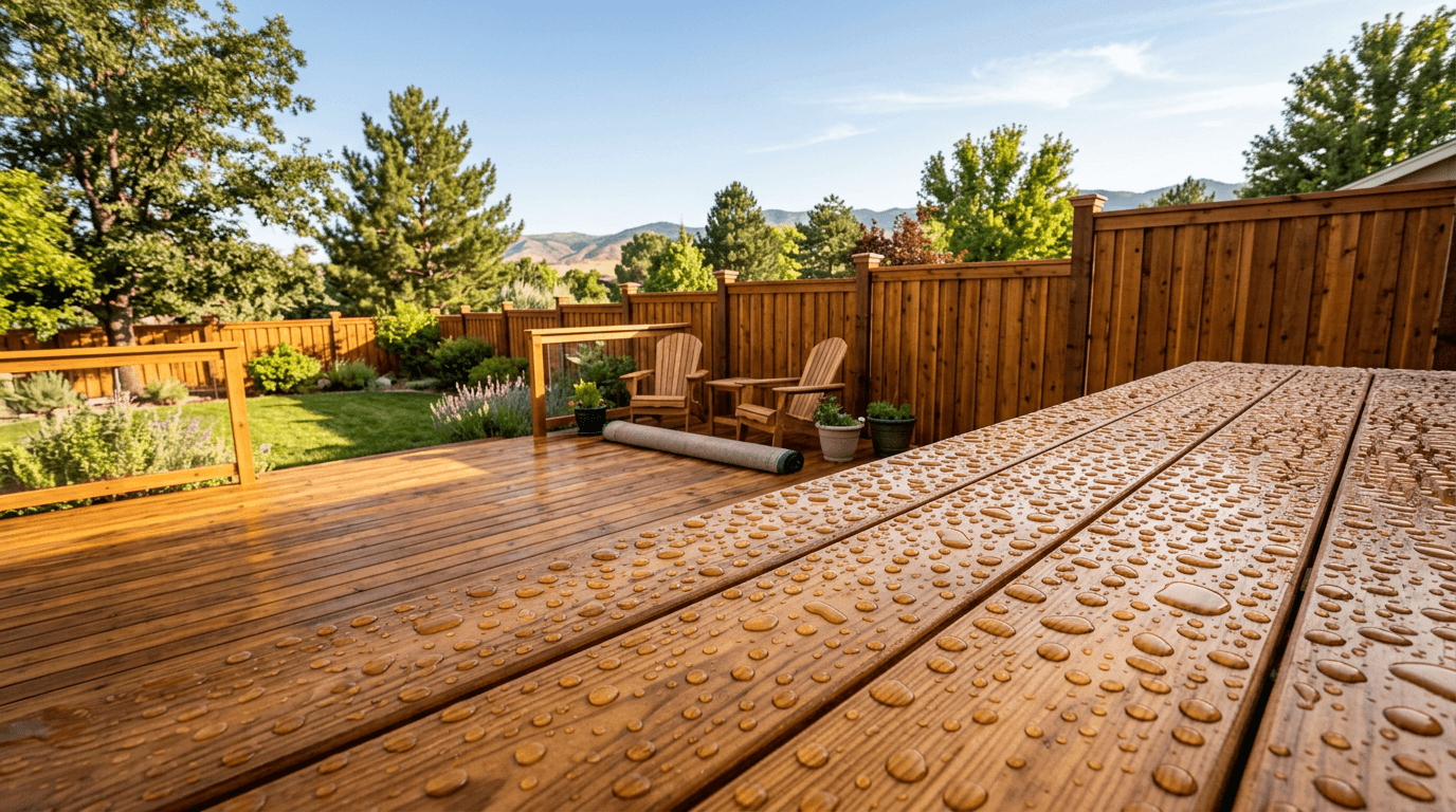 Water beading on a cedar deck and fence sealed with a clear nano coating