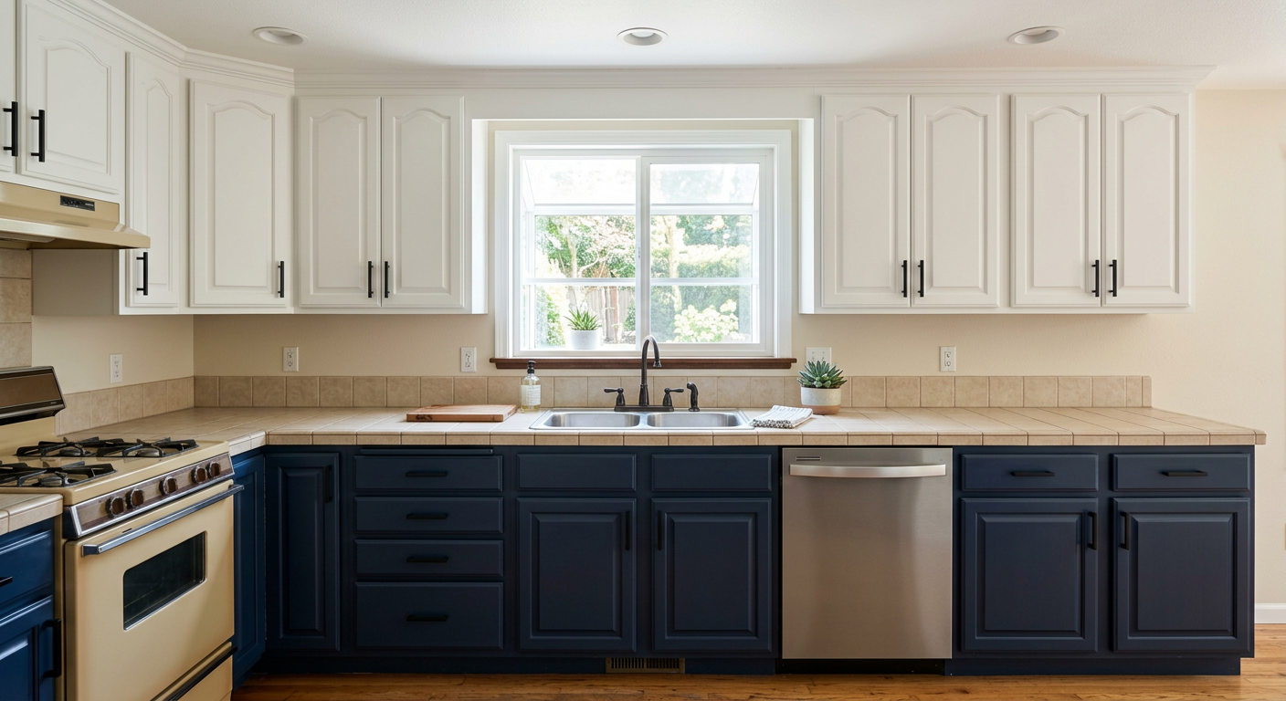The same kitchen with navy lower cabinets and white uppers after refinishing