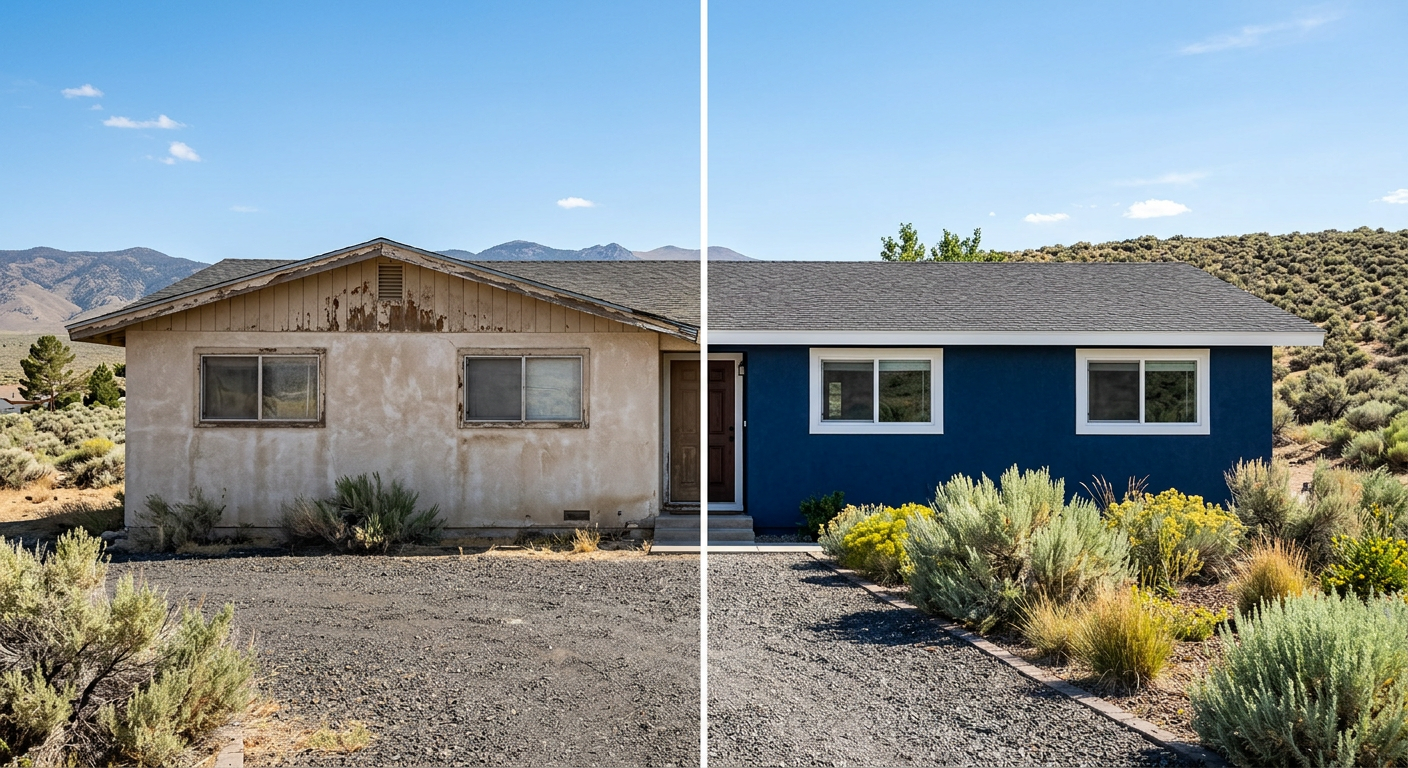 The same Reno ranch home shown half faded beige before painting and half fresh navy with white trim after